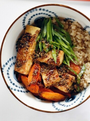 Crispy Tofu with Roasted Carrots and Snow Peas