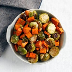 Maple Roasted Sweet Potatoes and Brussels Sprouts