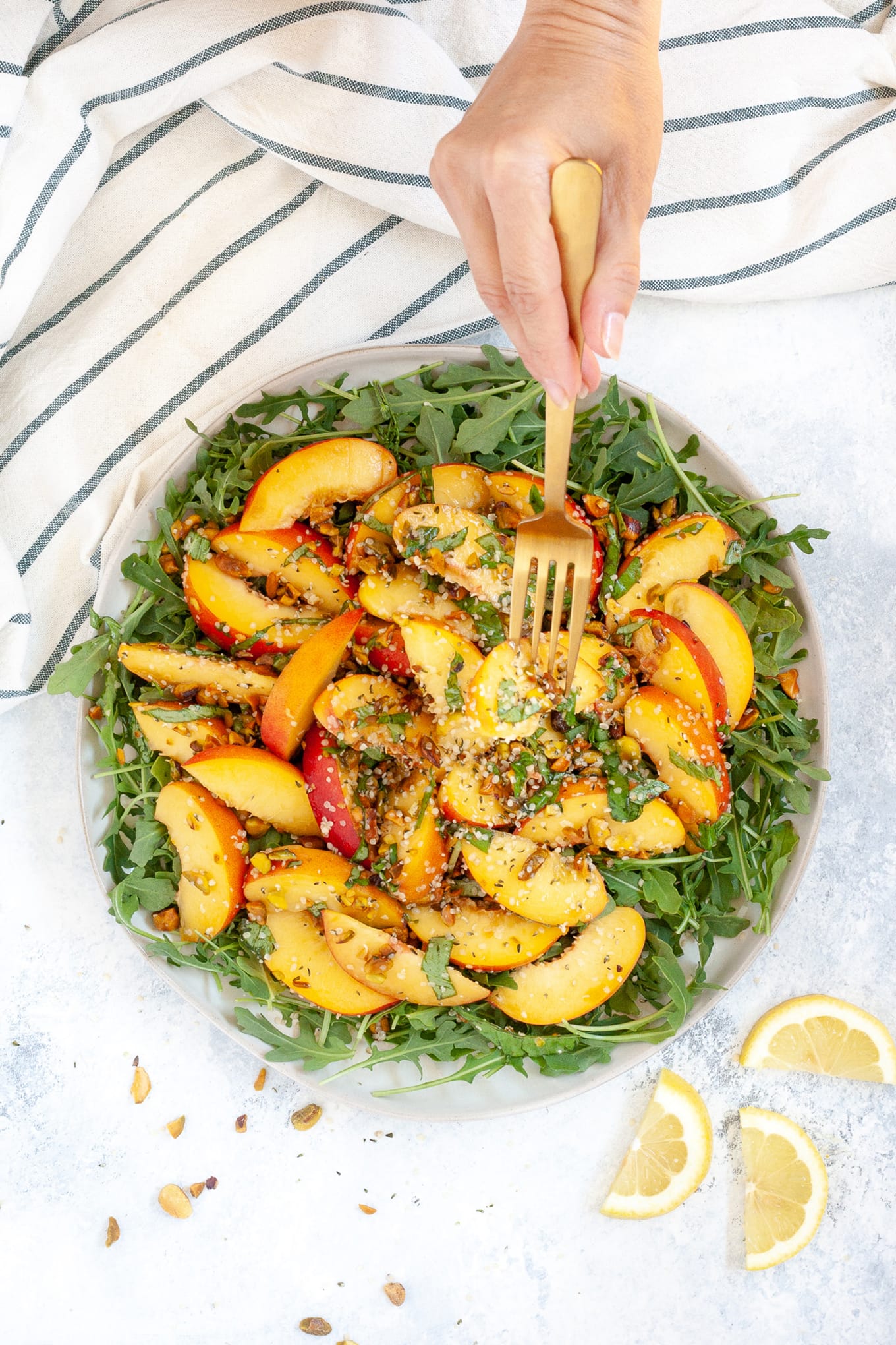 summer peach salad with pistachios