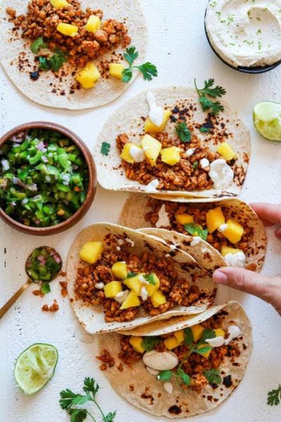 Spicy Tempeh Tacos with Lime Cashew Crema Recipe - Well Vegan