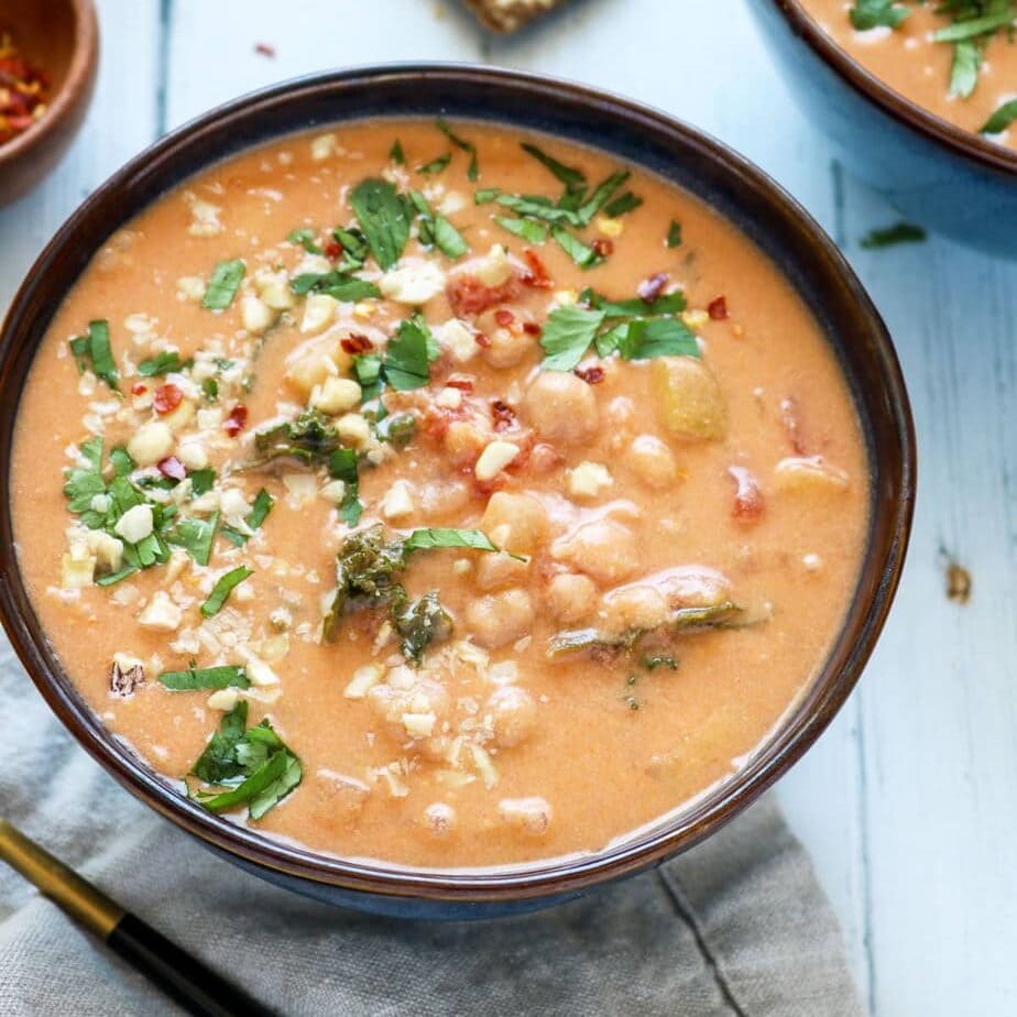 Spicy Peanut Soup with Coconut and Kale