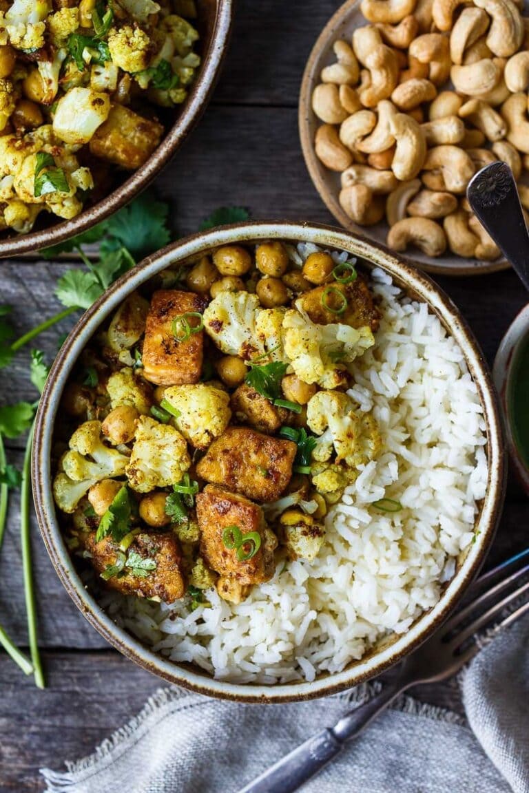 Indian Cauliflower, Chickpea & Tofu Bowls from Feating at Home