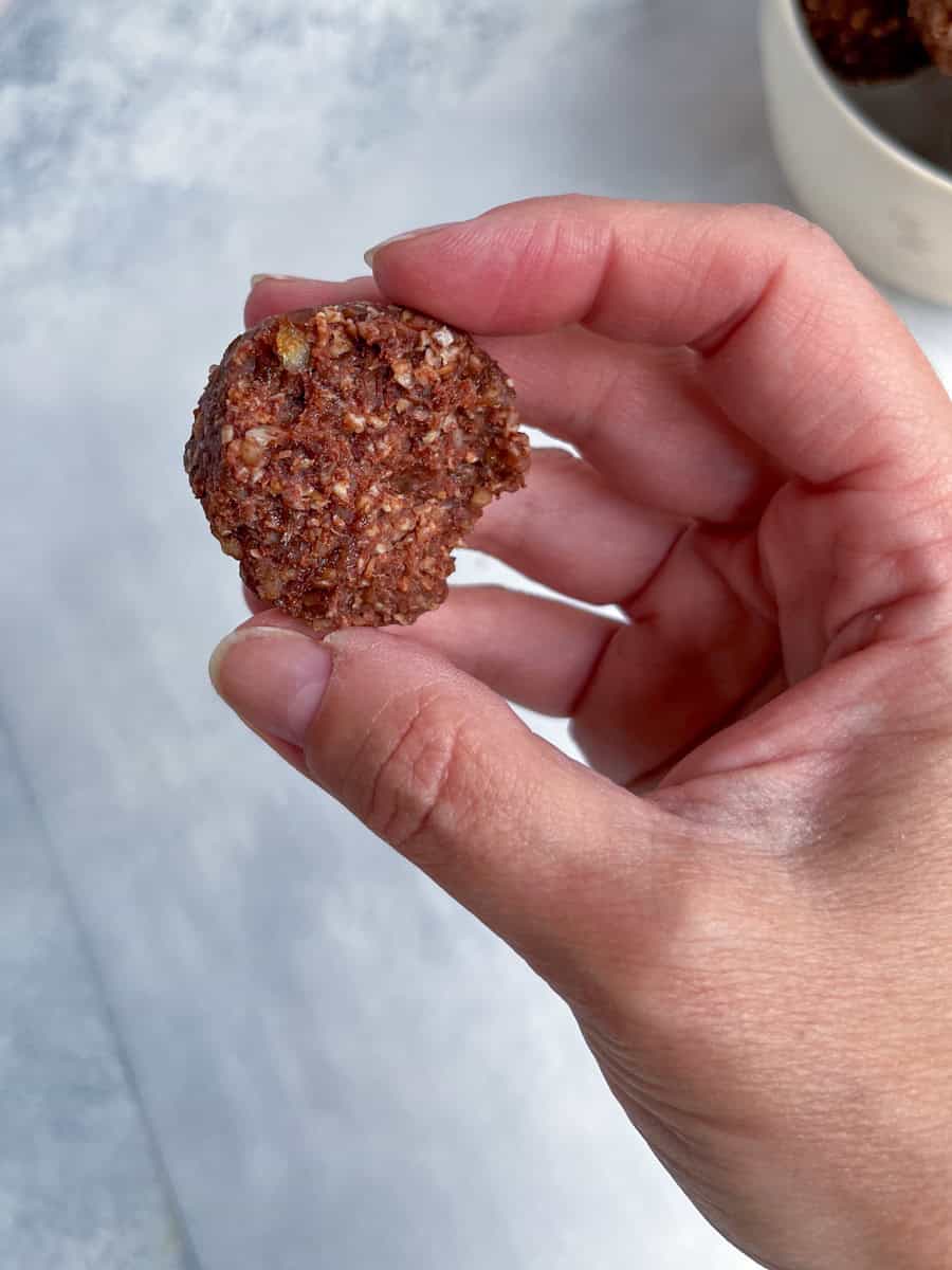 inside texture of one of the cacao energy balls. 