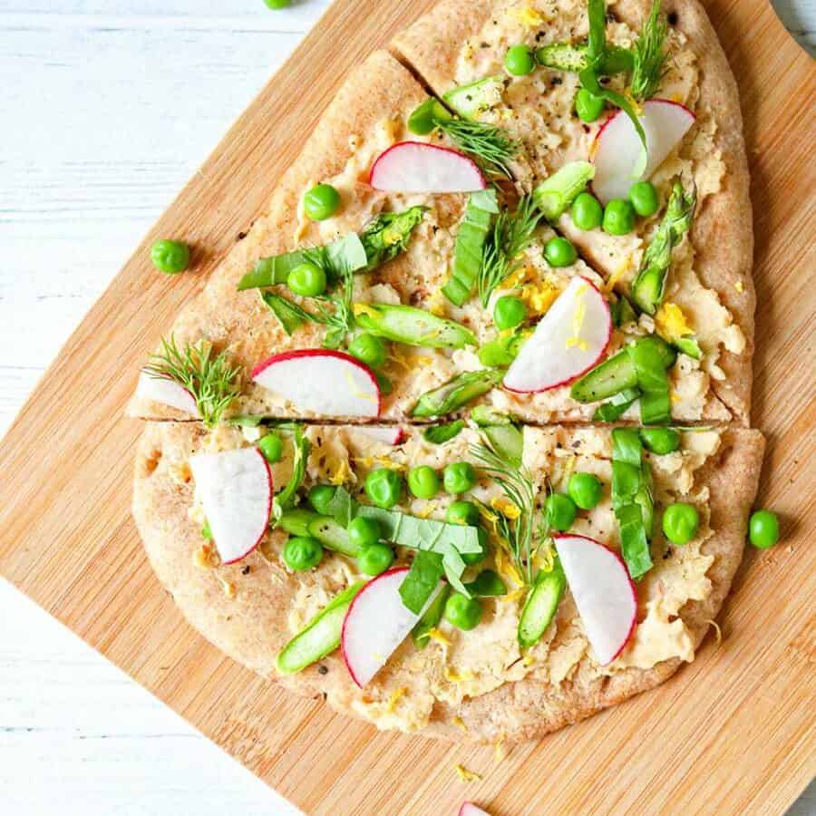 spring flatbread with peas and herbs. 