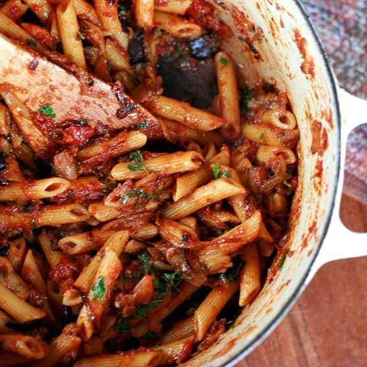 Eggplant, Caramelized Onion and Tomato Pasta